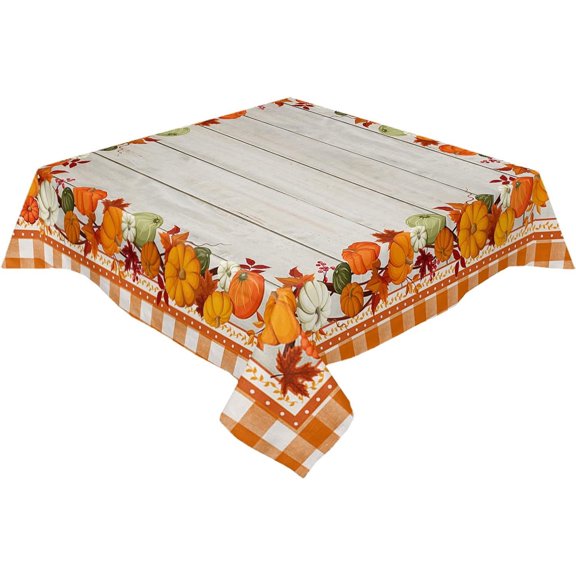 Square/Round Tablecloth 60x60inch,Thanksgiving Fall Pumpkins, Vinyl Table Covers Waterproof Oilcloth Table Cloth Linens, Tablecloths for Outdoor Dining Wedding Party Camping,Buffalo Checked Wood