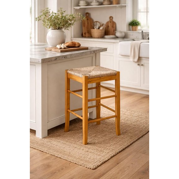 Square Rush Backless Counter Height Kitchen Bar Stool - Oak Finish