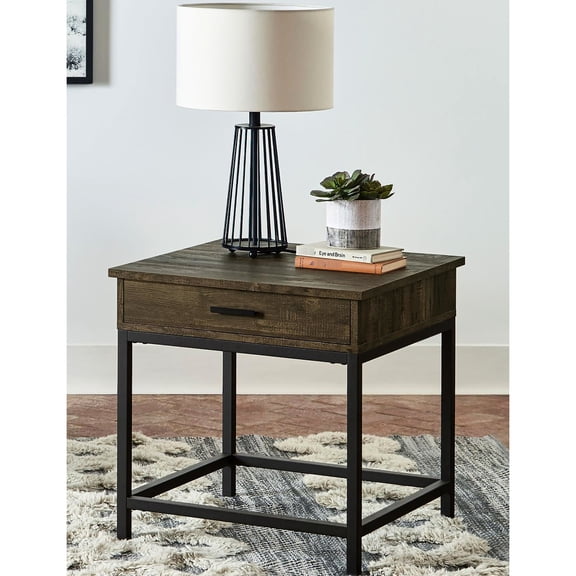 Square Rustic Brown Oak End Table With Metal Support And Drawer Industrial-style Stable Base