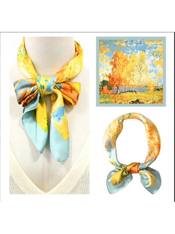 Square SILK SCARF with gold leaf pattern - high-quality neck scarf 70x70cm Silk scarf Luxury Silk Gift for Her, Mothers Day, Birthday, Anniversary