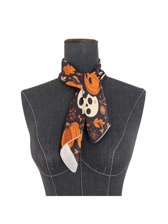 Square Scarf 24x24 Inch Autumn Leaves Halloween Skull Silky Satin Sun Protection Neck Scarf for Women Multi-Purpose Head Wrap Bandana for Hair Bag Decoration