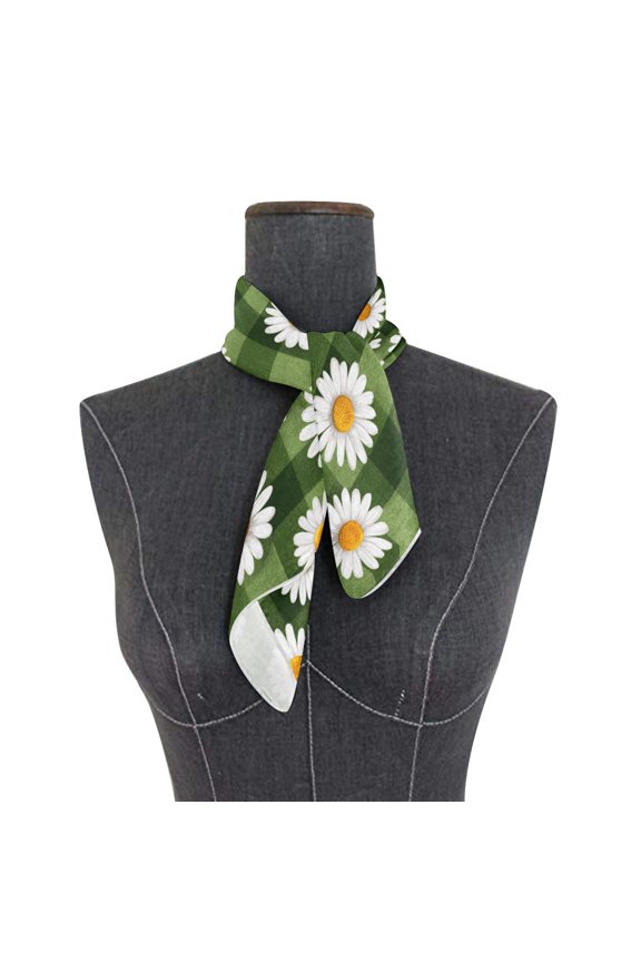 Square Scarf 24x24 Inch Cute Daisies on A Green Checkered Silky Satin Sun Protection Neck Scarf for Women Multi-Purpose Head Wrap Bandana for Hair Bag Decoration