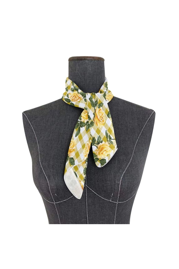 Square Scarf 24x24 Inch Gingham Pattern Yellow Roses Silky Satin Sun Protection Neck Scarf for Women Multi-Purpose Head Wrap Bandana for Hair Bag Decoration
