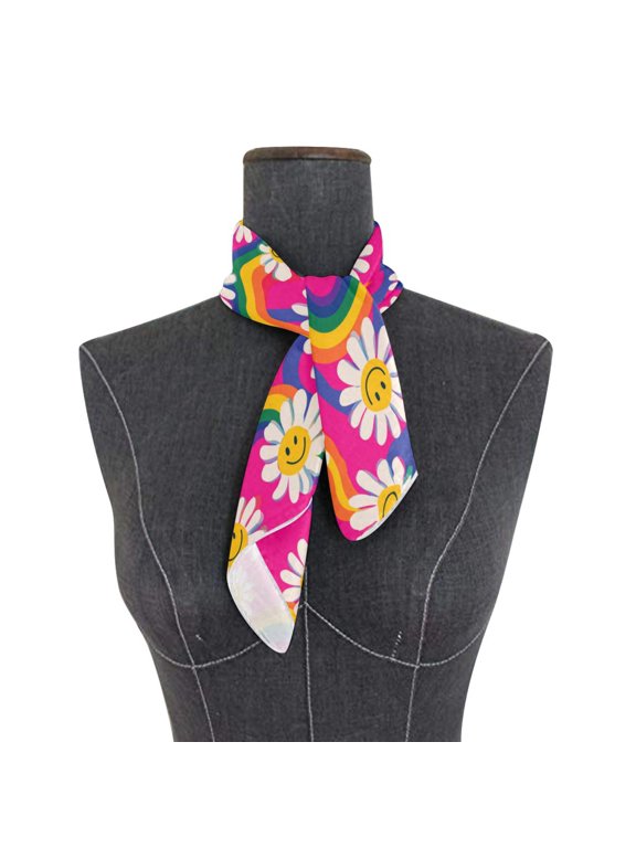 Square Scarf 24x24 Inch Groovy Daisies with Smiley Faces Silky Satin Sun Protection Neck Scarf for Women Multi-Purpose Head Wrap Bandana for Hair Bag Decoration