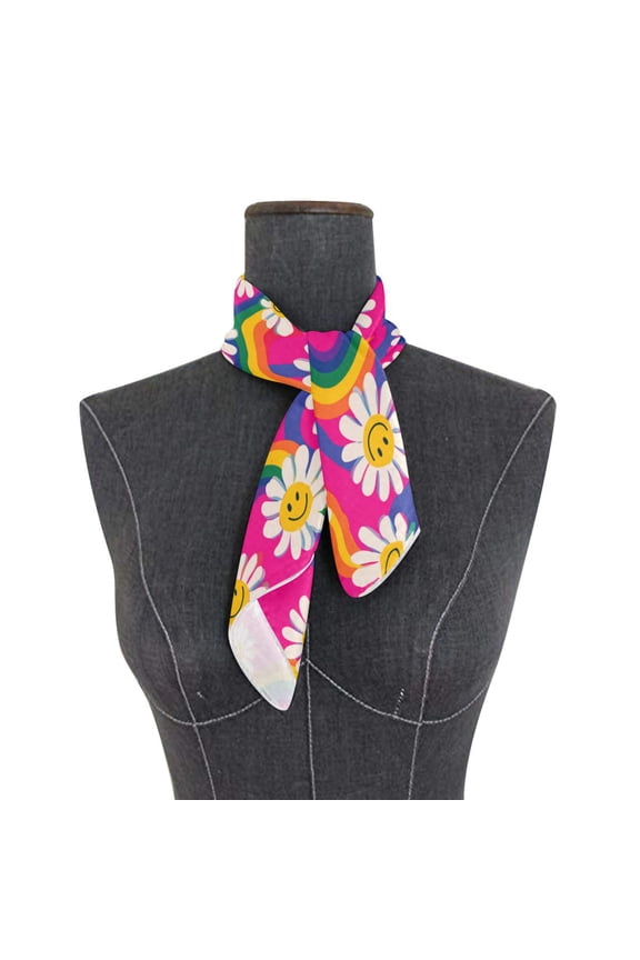 Square Scarf 24x24 Inch Groovy Daisies with Smiley Faces Silky Satin Sun Protection Neck Scarf for Women Multi-Purpose Head Wrap Bandana for Hair Bag Decoration