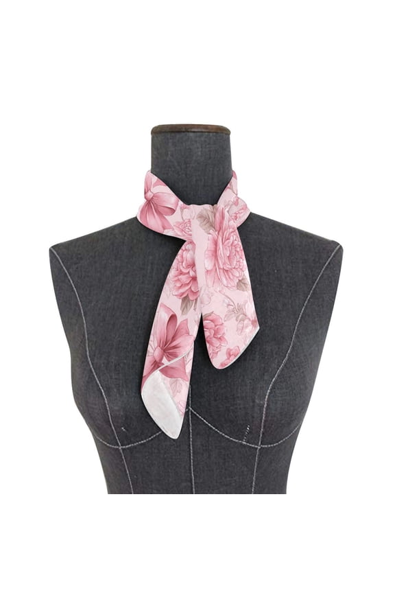 Square Scarf 24x24 Inch Pink Bows and Peony Flowers Silky Satin Sun Protection Neck Scarf for Women Multi-Purpose Head Wrap Bandana for Hair Bag Decoration