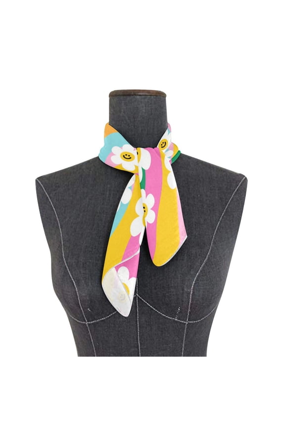 Square Scarf 24x24 Inch Smiley Daisy on Rainbow Background Silky Satin Sun Protection Neck Scarf for Women Multi-Purpose Head Wrap Bandana for Hair Bag Decoration