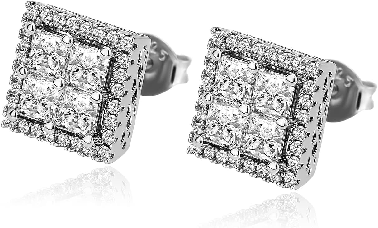 Square Screw Stud Earrings For Men 5A+ Cubic Zirconia 925 Sterling Silver Screw Stud Back Square Flat Cartilage Hypoallergenic Stud Earrings