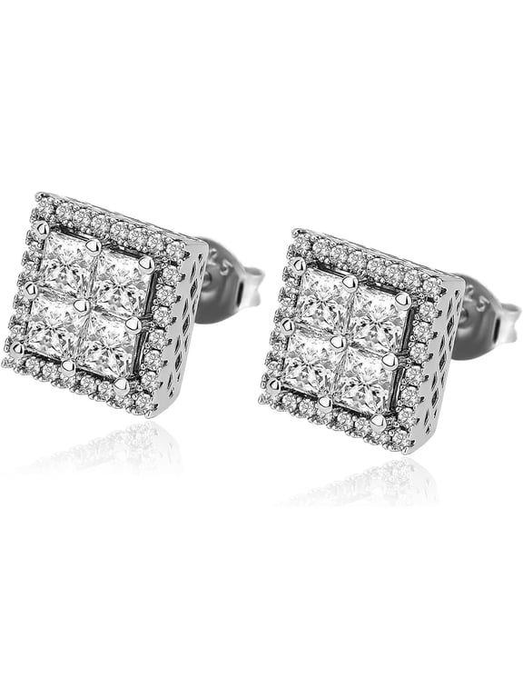 Square Screw Stud Earrings For Men 5A+ Cubic Zirconia 925 Sterling Silver Screw Stud Back Square Flat Cartilage Hypoallergenic Stud Earrings