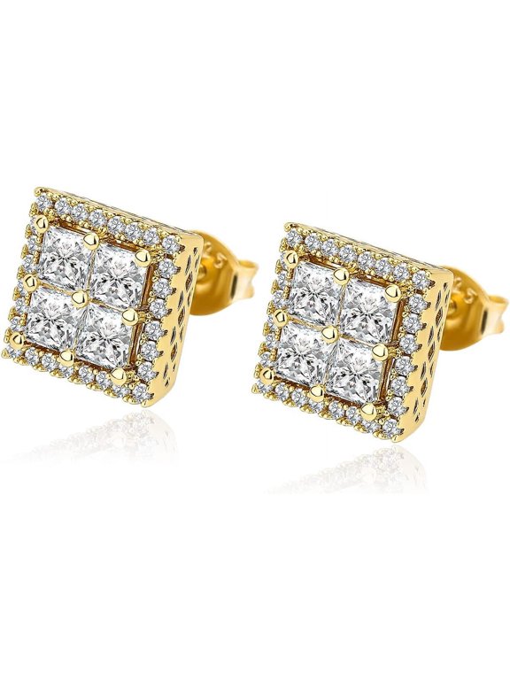 Square Screw Stud Earrings For Men 5A+ Cubic Zirconia 925 Sterling Silver Screw Stud Back Square Flat Cartilage Hypoallergenic Stud Earrings