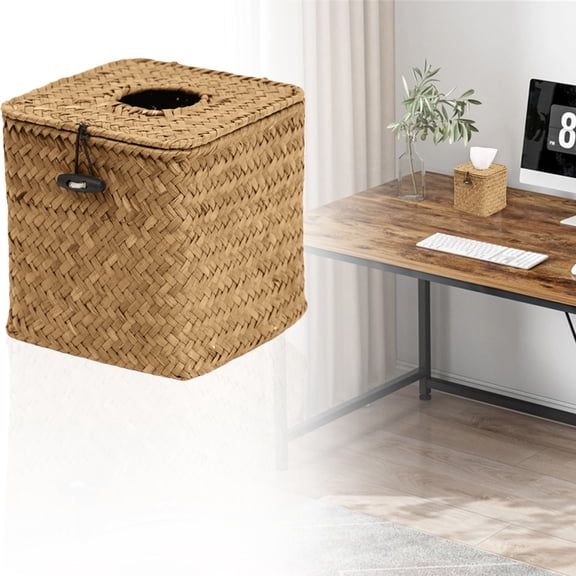 Square Seagrass Woven Tissue Box Cover Decorative Cube Tissue Holder for Bathroom Home Table Countertop Daily Organization,Tissue Holder,Coffee,1PC