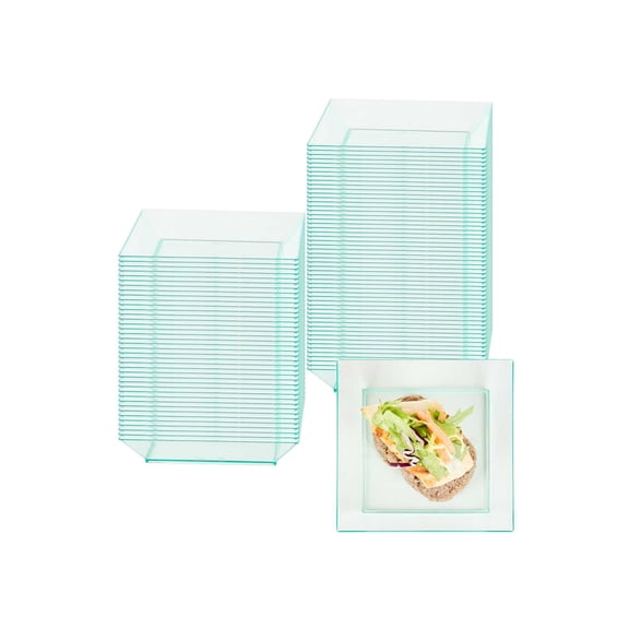 Restaurantware-3.9 x 3.9 Inch Party Plates, 100 Disposable Appetizer Plates - Elegant, Square, Seagreen Plastic Serving Plate, Durable, For Weddings Birthdays, And More