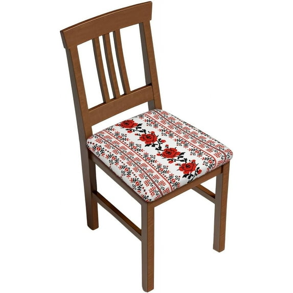 Square Seat Covers For Dining Room Chairs Set Of 6, Ukrainian Embroidery Style Rose Chair Covers With Elastic Ties, Stretch Removable Washable Chair Seat Protector Cushion Slipcovers For Kitchen Hotel