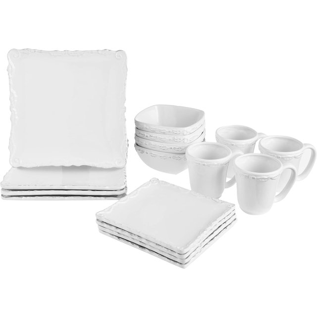 Square Sets White Kitchen Plates, Bowls, And Mugs 16 Piece Bianca Wave Collection