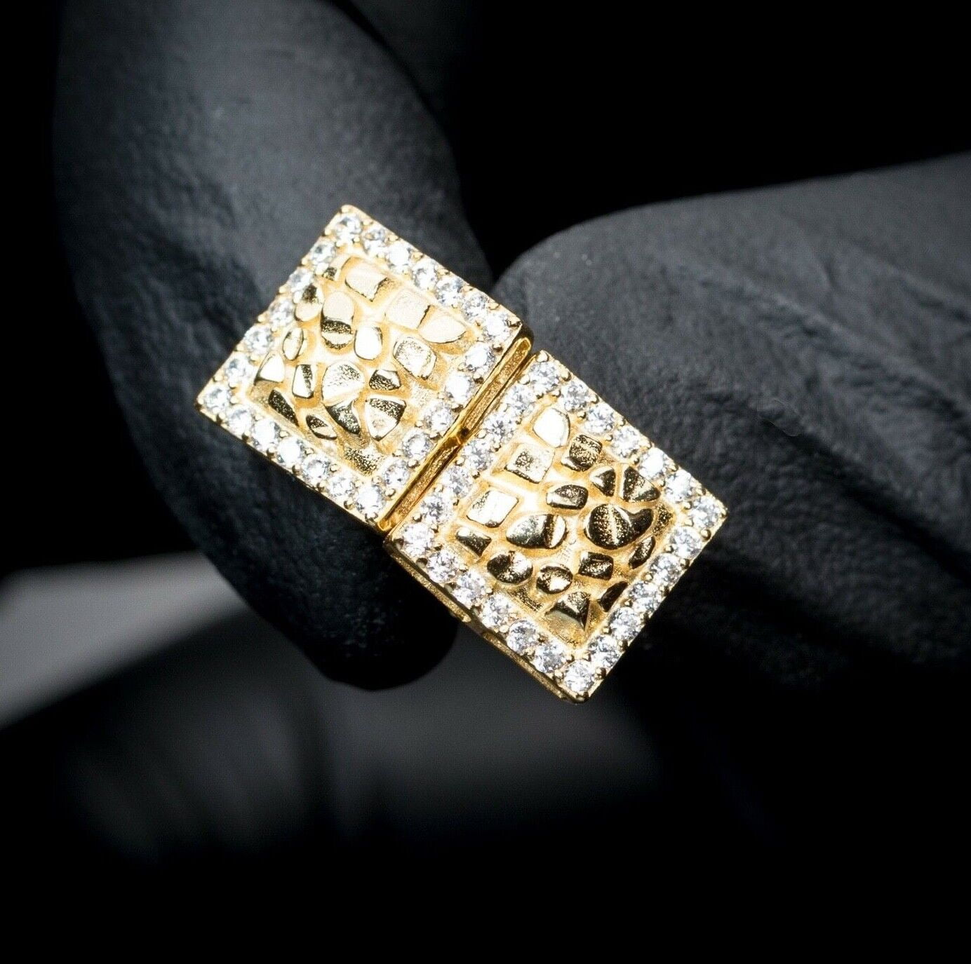 Square Shape 14K Yellow Gold Plated 925 Sterling Silver Screw Back Post 3D Large Retro 90's Hip Hop Ice Out Cz Hypoallergenic Big 10mm Solid Gold Textured Nugget Stud Earrings For Men