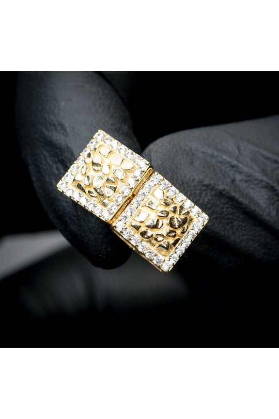 Square Shape 14K Yellow Gold Plated 925 Sterling Silver Screw Back Post 3D Large Retro 90's Hip Hop Ice Out Cz Hypoallergenic Big 10mm Solid Gold Textured Nugget Stud Earrings For Men