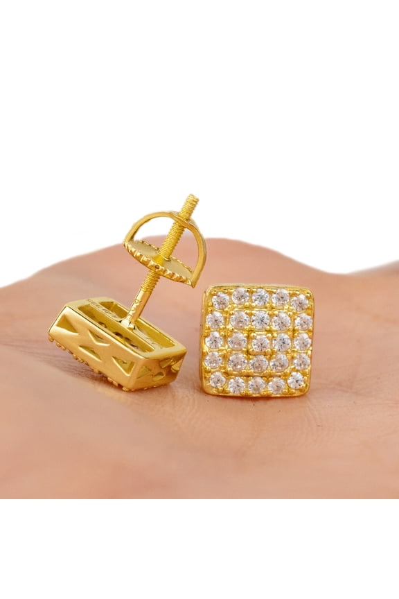 Square Shape Men's Stud Earrings 2Ct Round Cut Lab Created Diamond Screw Back 14K Yellow Gold Plated Silver