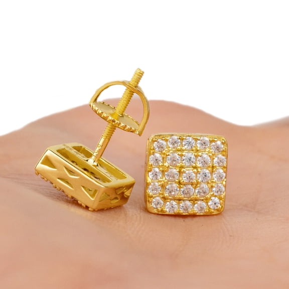 Square Shape Men's Stud Earrings 2Ct Round Cut Lab Created Diamond Screw Back 14K Yellow Gold Plated Silver