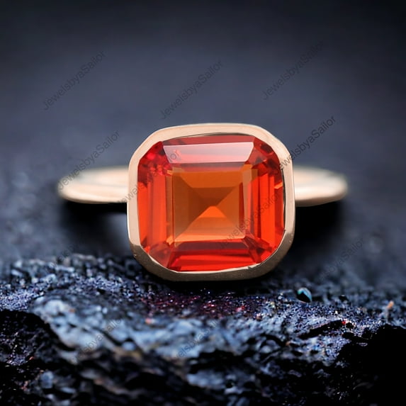 Square Shape Orange Sapphire Solitaire Ring Rose Gold Plated Antique Ring Bezel Set Birthstone Jewelry Stacking Engagement Ring Gift For Mom