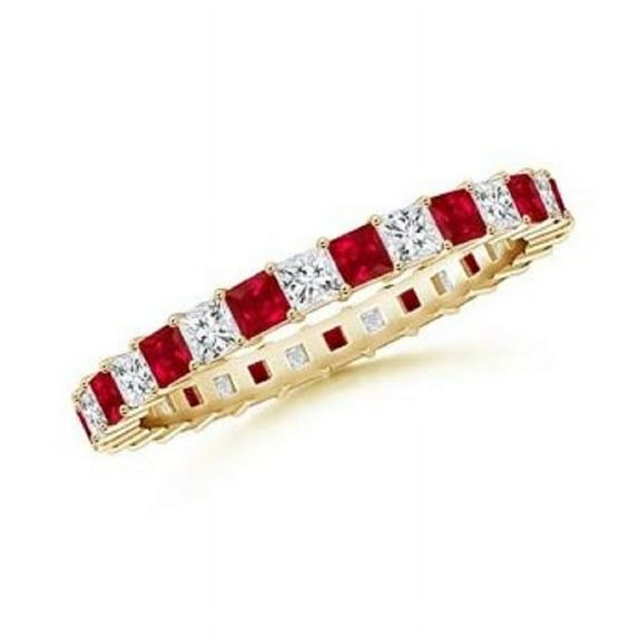 Square Shape Red Ruby CZ Diamond Eternity Band Ring Women 925 Sterling Silver Yellow Gold Plated July Birthstone Christmas New Year Gift Gemstone Jewelry