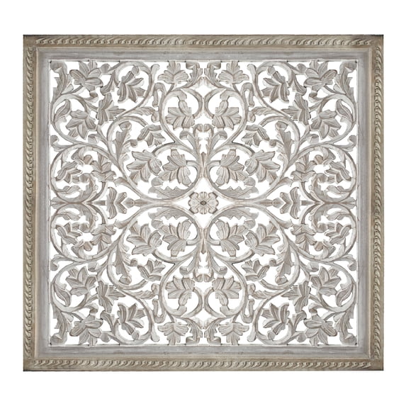 Square Shape Wooden Wall Panel with Cutout Sprig Pattern, Distressed White