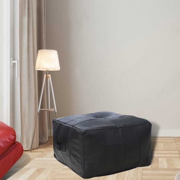 Square Shaped Buffalo Leather Handmade Eco-Friendly Black Pouf - Square Shape Pouf, 21"x21"x12", Geometric Pouf, Buffalo Leather Pouf, Recycled Foam with Fibre Fill Stuffed Pouf, Leather Seating Pouf
