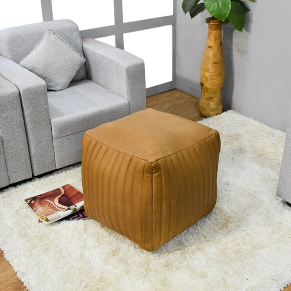 Square Shaped Goat Leather Handmade Eco-Friendly Beige Pouf - Square Shape Pouf, 14" x 14"x 14", Plain Solid Pouf, Goat Leather Pouf, Recycled Cotton Fill Stuffed Pouf, Leather Seating Pouf