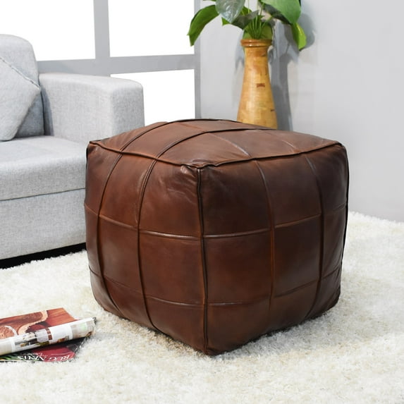 Square Shaped Goat Leather Handmade Eco-Friendly Brown Pouf - Square Shape Pouf, 14" x 14"x 14", Geometric Pouf, Goat Leather Pouf, Recycled Cotton Fill Stuffed Pouf, Leather Seating Pouf