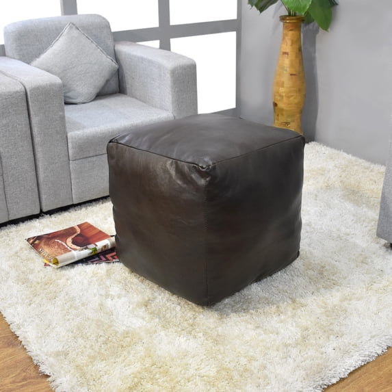 Square Shaped Goat Leather Handmade Eco-Friendly Chocolate Brown Pouf - Square Shape Pouf, 18" x 18" x 18", Plain Solid Pouf, Goat Leather Pouf, Recycled Cotton Fill Stuffed Pouf, Leather Seating Pouf