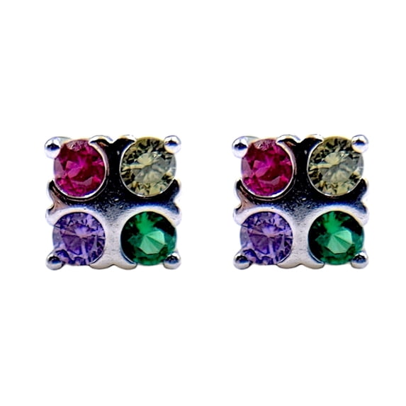 Square Shaped Multicolor Floral Design Stud Earrings CZ Diamonds In 925 sterling Silver  Minimalist Handmade Gift for Her