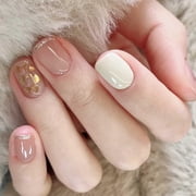 Square Short Press on Nails 24 Pcs Nude French White Gold Foil Bling Acrylic Full Cover Fake False Nail Tips