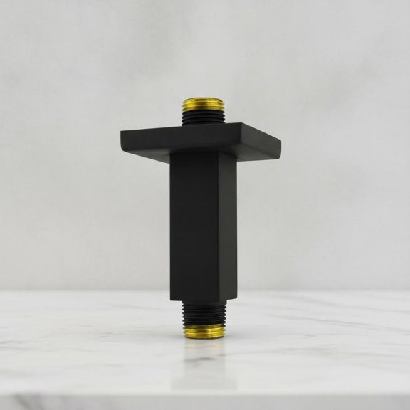 Square Shower Arm and Anti-Scratch O-Ring Flange, Solid Brass, Both Soldered 1/2 NPT Tapered Threads, Straight Rainfall Shower Head Arm Extension, Ceiling Mount (Matte Black)