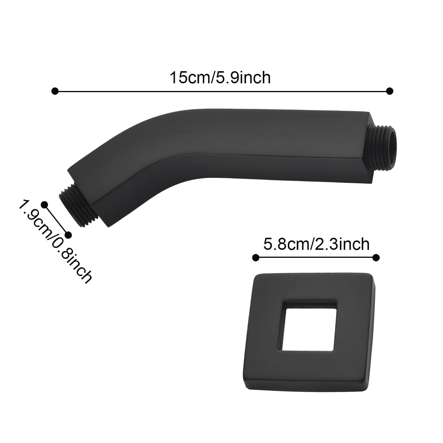 Square Shower Arm with Flange, 1/2 NPT Tapered Threads, Rain Shower Head Arm, Wall Mount Shower Extension Arm