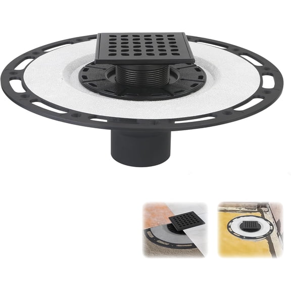 Square Shower Drain, 4-Inch Matte Black Kit with Bonding Flange, Removable Stainless Steel Grate & Hair Strainer, Fits 2" & 3" Pipes for Tiled Floors