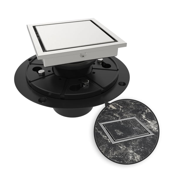 Square Shower Drain Brushed 4 Inch with Flange Reversible 2-in-1 Cover Tile Insert Grate Removable SUS304 Stainless Steel CUPC Certified