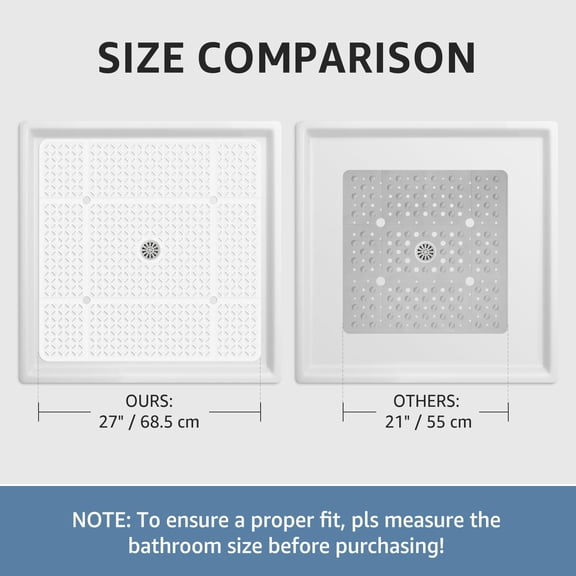 Square Shower Mat  27" X Large With Center Drain Hole Soft Tpe Non Slip Mats For Inside Suction Cups Anti Washable Floor White