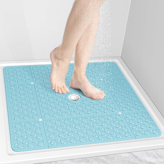 Square Shower Mat, 27"x 27" Extra Large Shower Mats for Inside Shower, TPE Anti Slip Shower mat with Suction Cups Drain Holes, Machine Washable Shower Floor Mat (Blue)