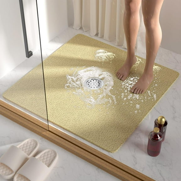 Square Shower Mat, 27 x 27 Inch Non Slip Bath Mat for Tub, Soft PVC Loofah Bathtub Mats with Drain Holes, Quick Drying Bathroom Stall Floor Mat, Bathroom Accessories Without Suction Cup, Beige