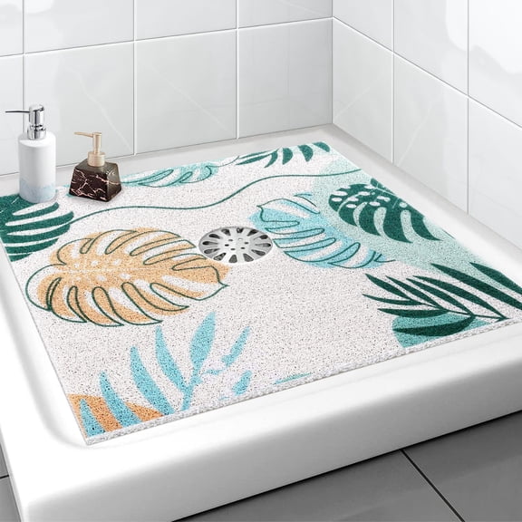 Square Shower Mat, 27 x 27 Inch Stylish Non Slip Shower Mats for Inside Shower with Central Drain Hole, Soft Trimmable PVC Loofah Anti Slip Shower Mat for Walk in Shower Stall, Quick Drying