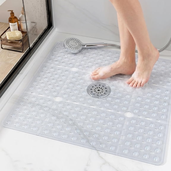 Square Shower Mat 27x27 Inch,  Non Slip Shower Mats for Inside Shower Stall, Anti Slip Bath Floor Mat with  Suction Cups & Drain Holes, Machine Washable, Clear