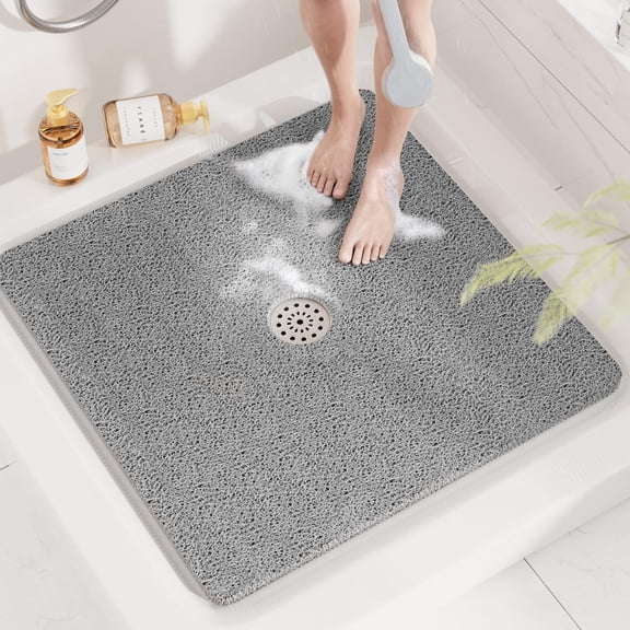 Square Shower Mat, 32 x 32 Inch Non Slip Bath Mat for Tub, Soft PVC Loofah Bathtub Mats with Drain Holes, Quick Drying Bathroom Stall Floor Mat, Bathroom Accessories Without Suction Cup, Grey