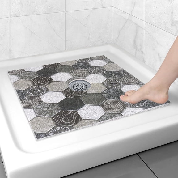 Square Shower Mat Non Slip: 24x24 Inch Floor with Drain Hole in Middle, Super Soft and Comfortable PVC Loofah Massage Bath for Shower, Anti Slip Stall Mat, Quick Drying
