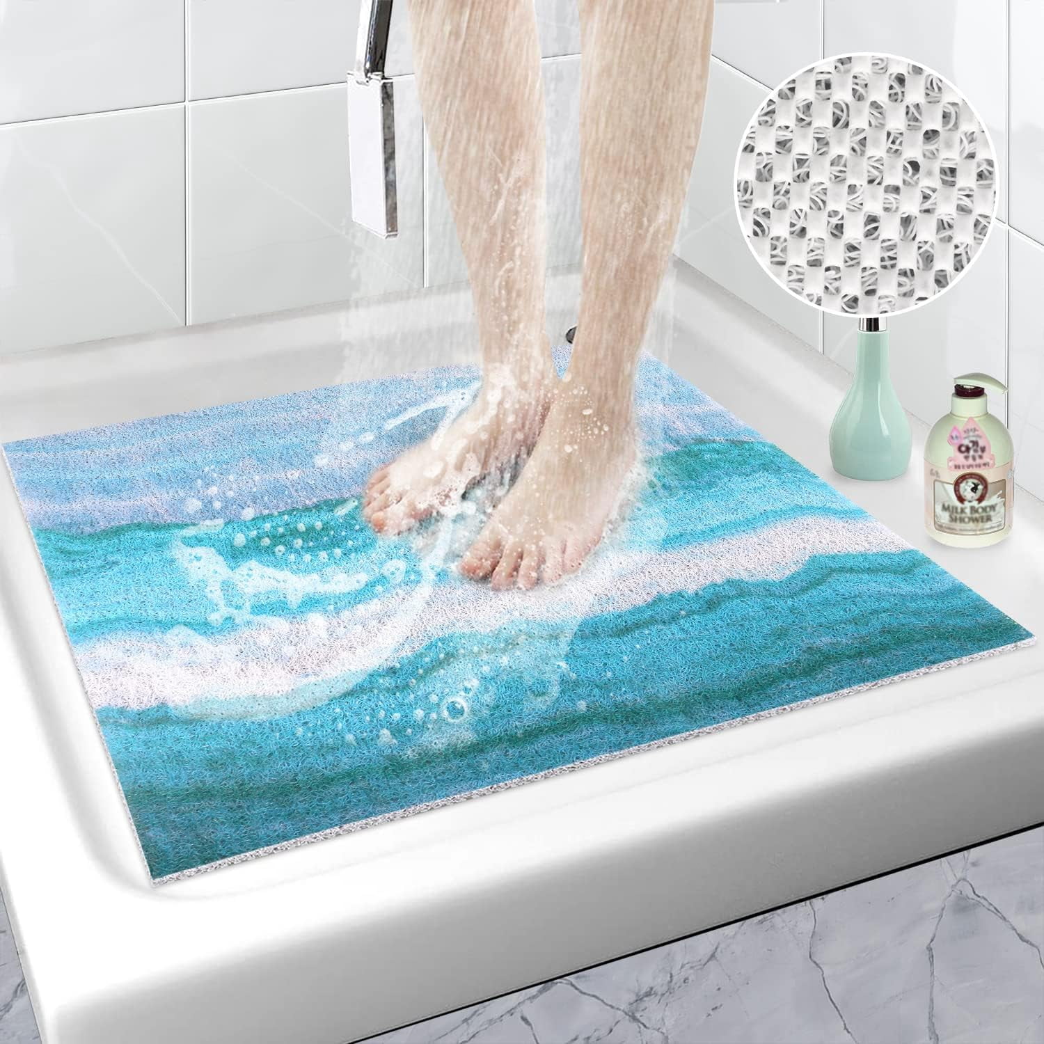 Square Shower Mat Non Slip, 24x24 inch, PVC Loofah Shower Floor Mat ...