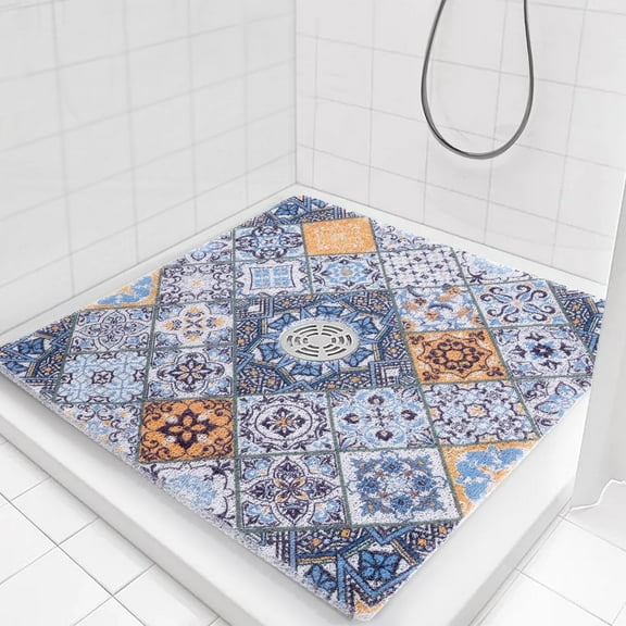 Square Shower Mat Non Slip 27x27 in,Shower Mat with Drain Hole in Middle,Shower Floor Mats for Inside Shower,PVC Loofah Shower Stall Mat,Secure in Shower Mat,Boho Bath Mats for Shower