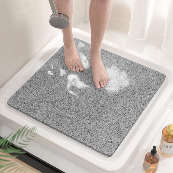 Square Shower Stall Mat, 21 x 21 Inch Non Slip Bath Mat for Tub, Soft PVC Loofah Bathtub Mats, Quick Drying Bathroom Shower Mat Anti Slip, Soft , Grey