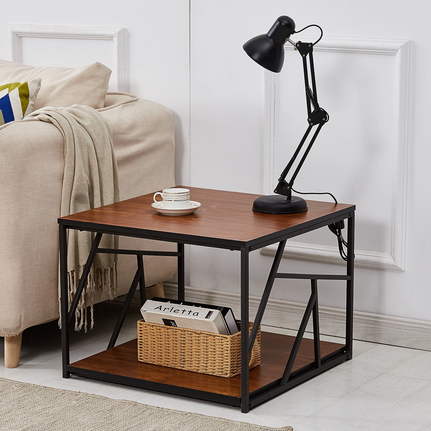 Square Side End Coffee Table with Storage,Metal Frame Base,Teakwood MDF Tabletop Night Stand ...