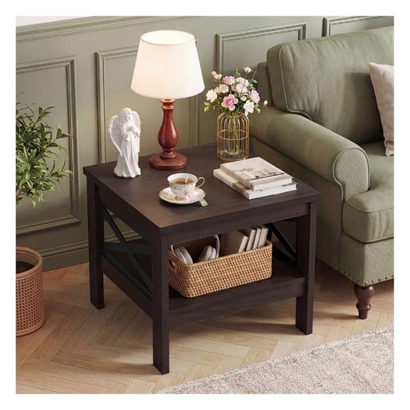 Square Side Table Set of 2, X-Frame End Tables for Living Room Bedroom - 24x24, Rustic Oak