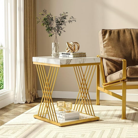 Square Side Table White Gold End Table 2-Tier End Table Modern Bedside Table Small Side Table with Storage for Couch, Sofa Side Table with Metal Frame for Living Room
