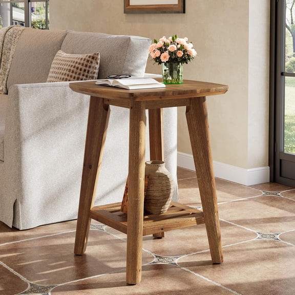 Square Side Table with 2-Tier Storage Shelf & Solid Wood Material, 19.68" Wood End Table for Living Room, Sofa Side, Space-Saving Design