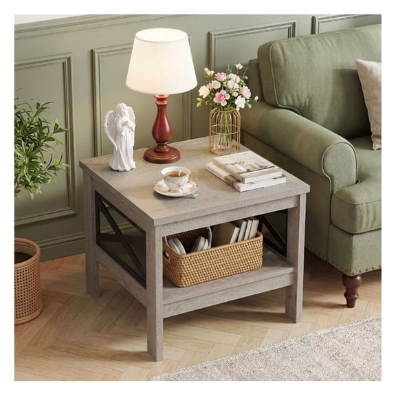 Square Side Table with Storage - 2 Tier End Table with X-Frame for Living Room & Bedroom